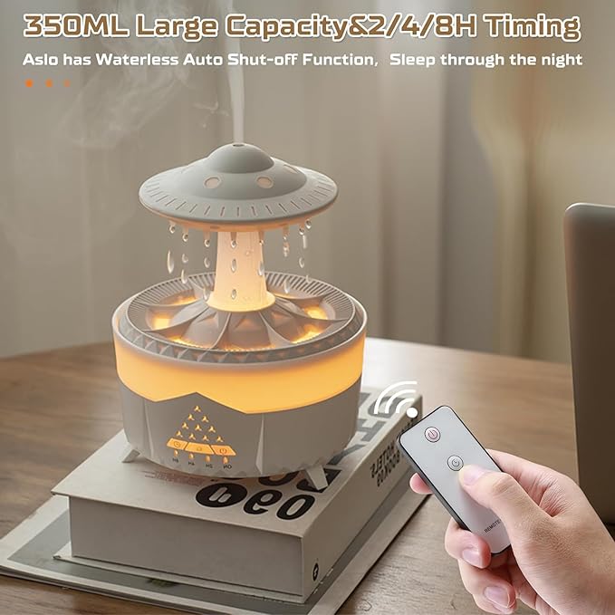 Remote Control Humidifier, Raindrop Humidifier with 7 Colors LED Changing Lamp, Waterfall Lamp with Water Drop Sound, Cloud Rain Aromatherapy Essential Oil Diffuser for Home Bedroom Office